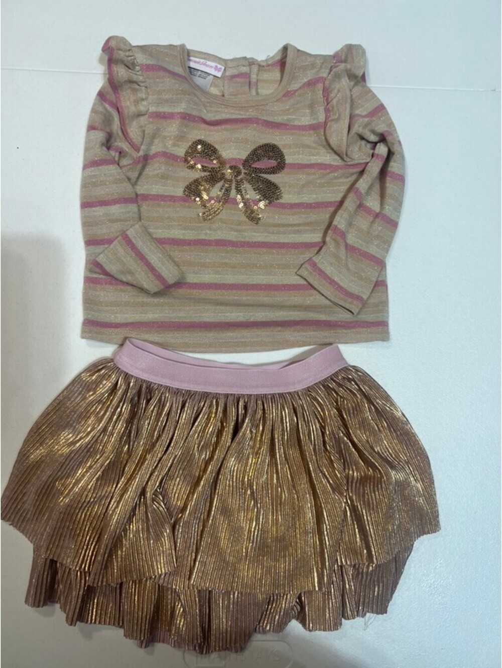 Bonnie Jean Toddler 2T striped sequin bow long sleeve shirt with matching skirt